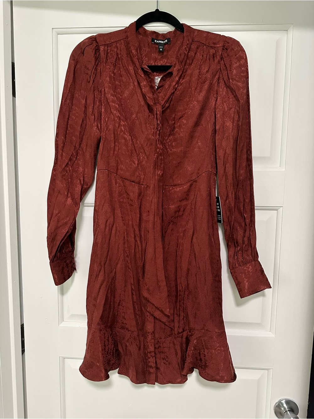 Express Burnt Orange Long Sleeve Tie-Neck Dress